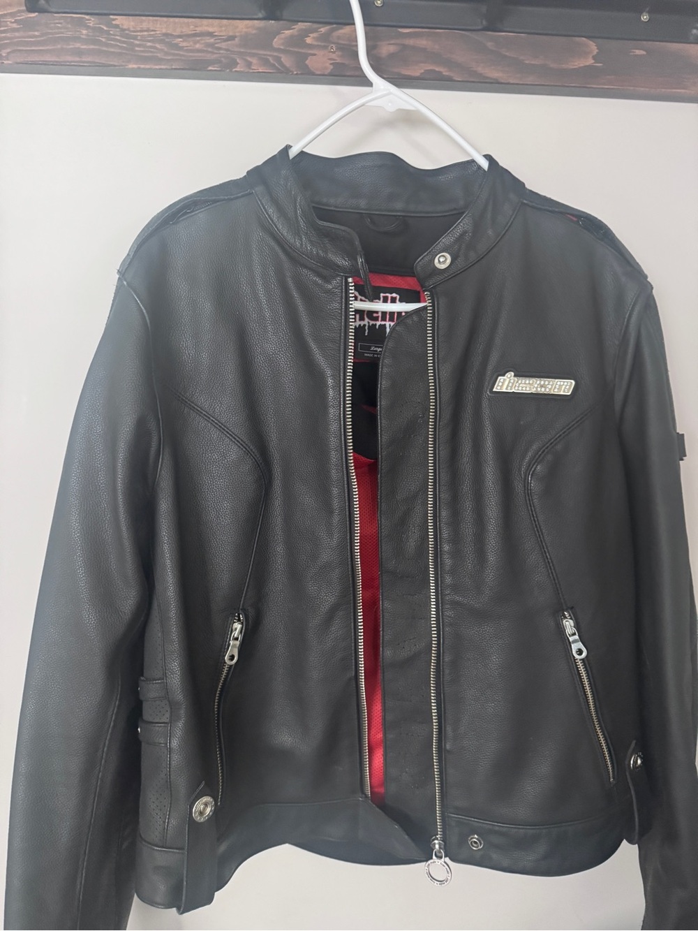 ICON Black Leather Jacket with Red Interior